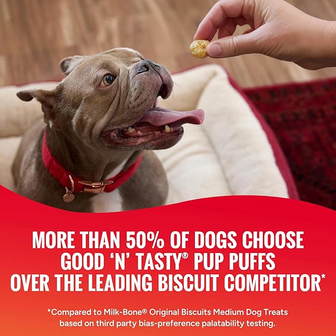 Good ‘n’ Tasty Pup Puffs, 8 Ounces, Low-Calorie Cheese Puff-Inspired Dog Treats, Flavored with Premium Chicken, Real Peanut Butter or Tasty Cheese, Light & Crispy Texture