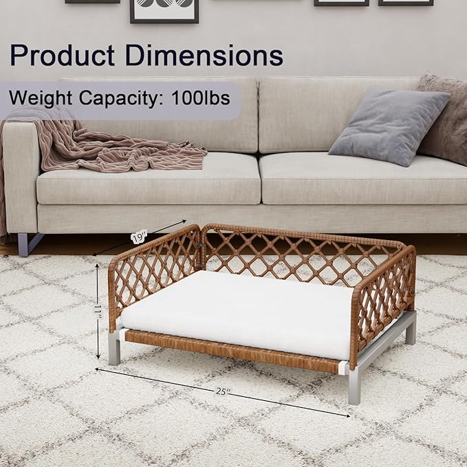 Small Dog Bed, Waterproof Elevated Dog Couch with Washable Removable White Cushion, Boho Rattan Dark Brown Wicker Orthopedic Pet Sofa for Outdoor, Indoor
