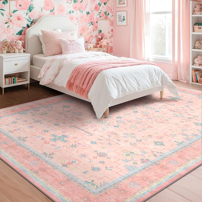 Pink Rugs for Bedroom Girls, 5x7 Washable Area Rug for Living Room Nursery Kids