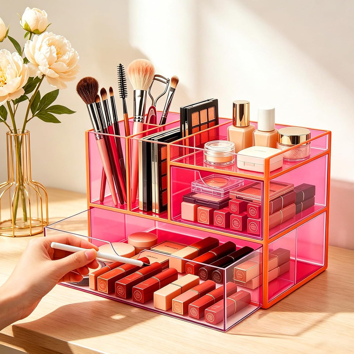 Desk Organizer with Drawers Acrylic Desktop Organizer Pen Holder Caddy for Office Supplies Makeup Organizer for Vanity, Neon Pink