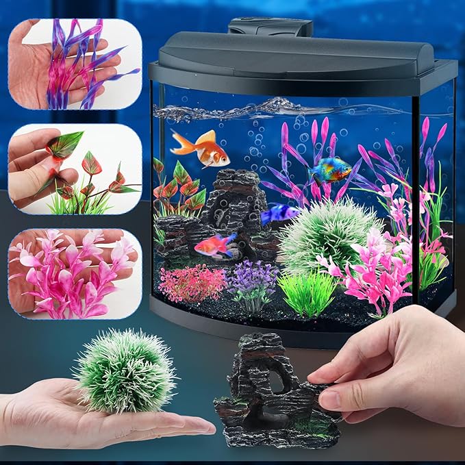 Fish Tank Accessories, Aquarium Fish Tank Plastic Plants and Cave Rock Decorations Set 10 Pieces, Small and Large Artificial Aquarium Plants with Cave Rock