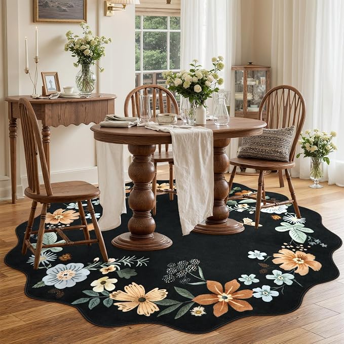 Lahome Floral Washable Round Area Rug, Round Rug 5ft Soft Non-Slip,