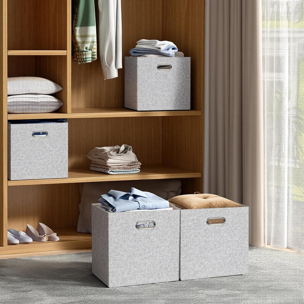 Posprica Collapsible Storage Bins,13×13 Foldable Storage Cube Boxes Fabric Drawer Fabric Storage Bins Vinyl Record Woven Gray, 4 Pack