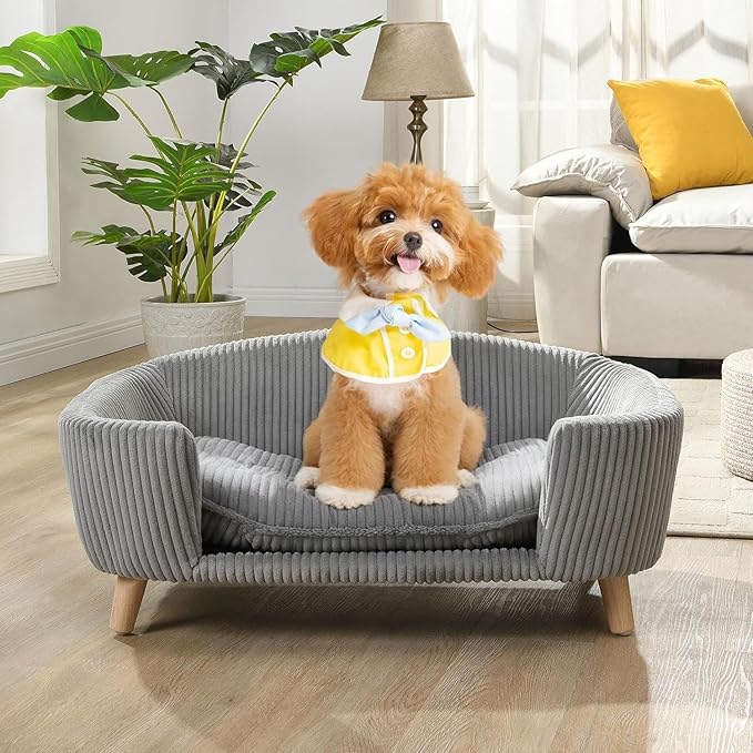 Dog Sofa Couch Bed for Small Dogs, Durable Corduroy Rectangle Pet Sofa with Soft Cushion, Modern Elegant Elevated Mini Dog Couch Bed with Backrest and Armrests, Gray