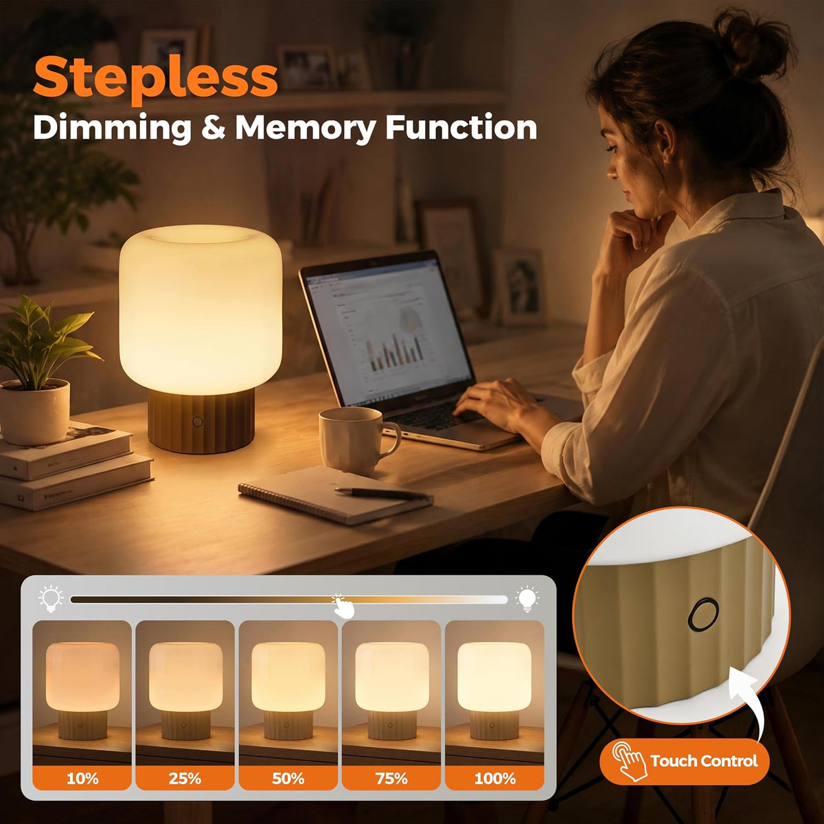 VOLISUN Mushroom Lamp, Cordless Rechargeable Table Lamp with Glass Shade, 3 Color Temperatures & Stepless Dimming, 5200mAh, Touch Control Bedside Lamps for Living Room, Bedroom, 1 Pack (Brown)