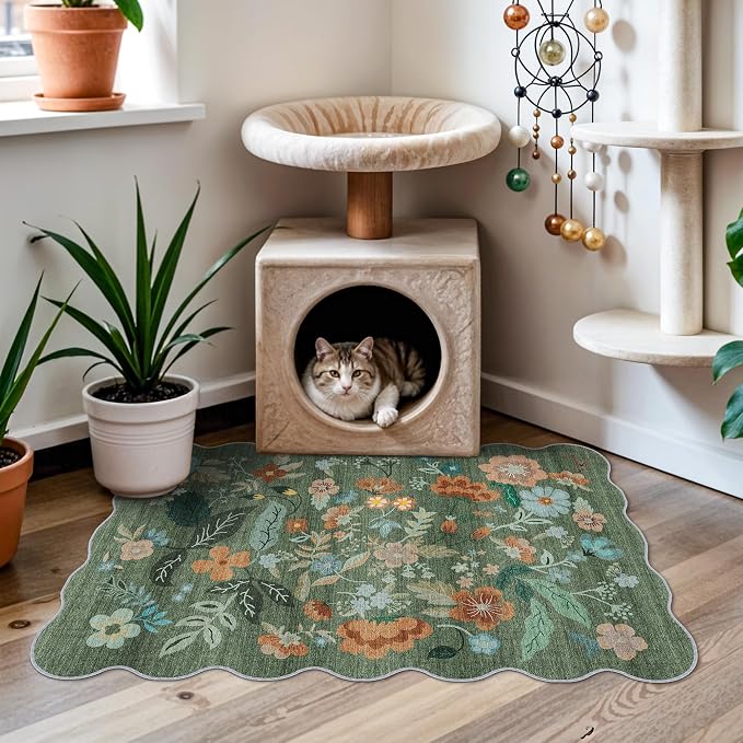 Washable Floral 2x3 Area Rug: Indoor Soft Scalloped Carpet