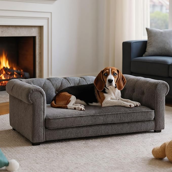 Elevated Dog Sofa with Backrest and Armrests, Button Tufted Dog Couch Bed with Soft Cushion for Medium Dogs, Stylish Lounging Bed Pet Couch Chair, 60Lbs Weight Capacity, Dark Gray