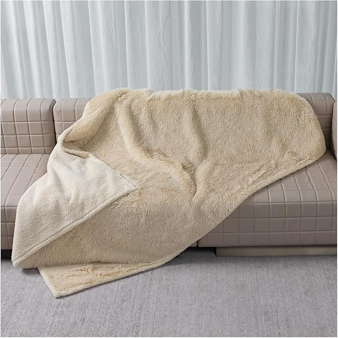Waterproof Dog Blanket Beige Fluffy Long Faux Fur Pet Throw Blankets 28x20in for Couch Love Bed Cover Washable(Beige,XS)