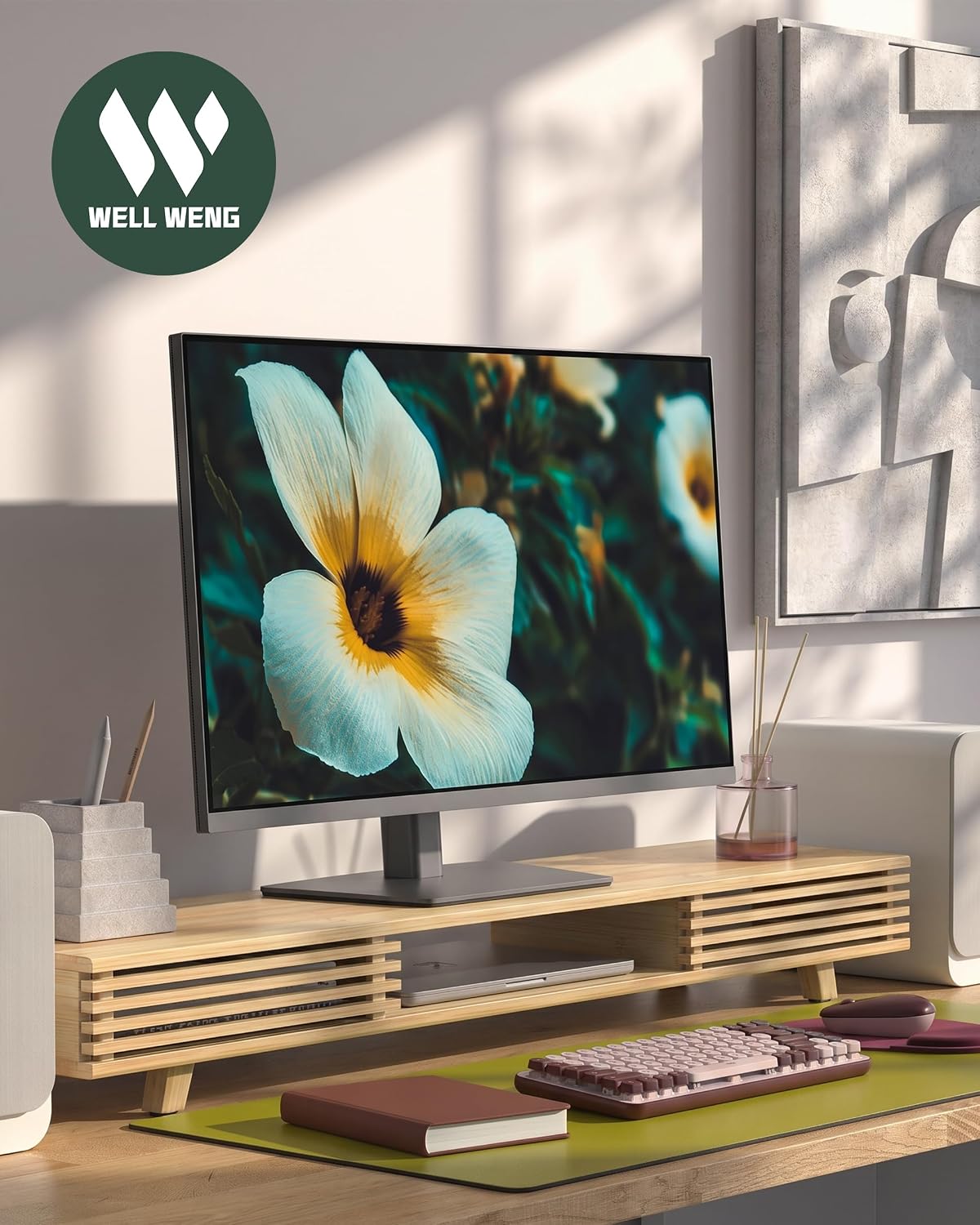Computer Monitor Stand with Sliding Door,42 Inch,Bamboo