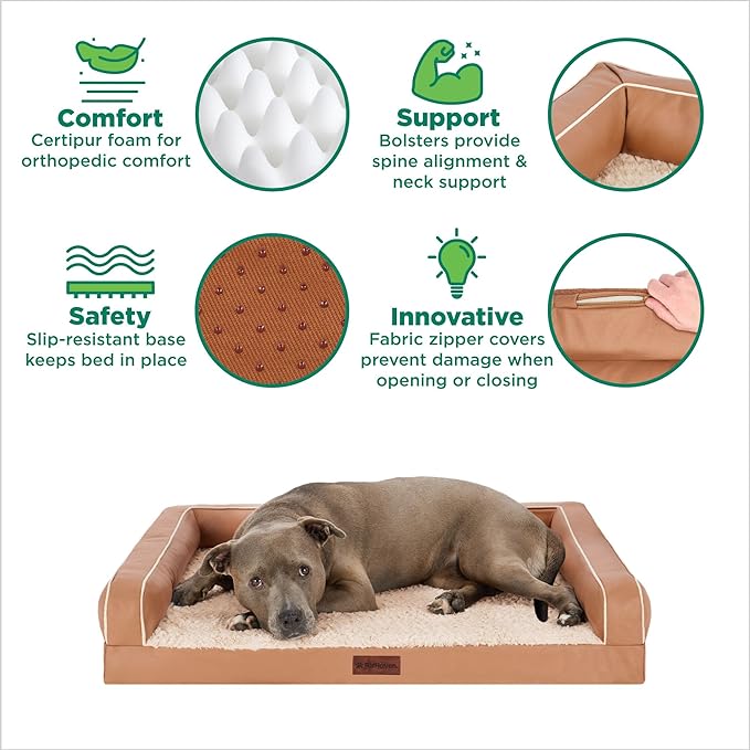 Furhaven Cooling Dog Sofa Bed – Memory Foam Couch with Bolsters, Textured Plush & Water-Resistant Cover, Washable Cover - Camel, Jumbo