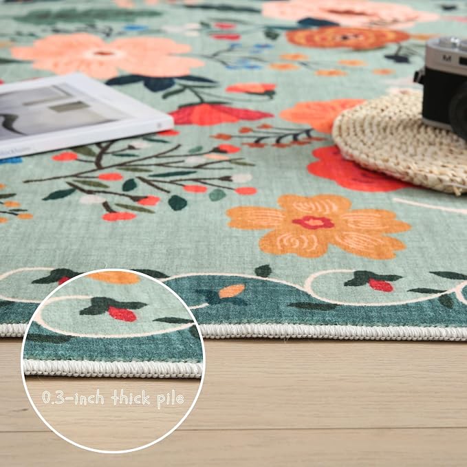 Rugcomf Round Rug 6ft Washable Circle Rug Non Slip Low Pile Boho Floral Small