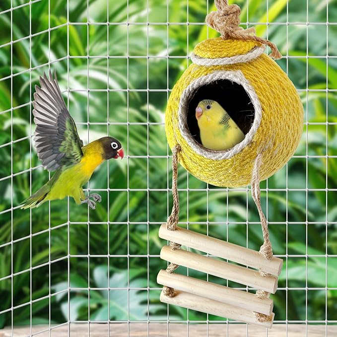 Tfwadmx Coconut Hide with Ladder, Natural Coconut Fiber Hanging Birdhouse Cage, Handmade Sisal Rope & Coconut Bird Shell Breeding Nest for Parrot Parakeet Lovebird Finch Canary (2 Pcs Yellow)