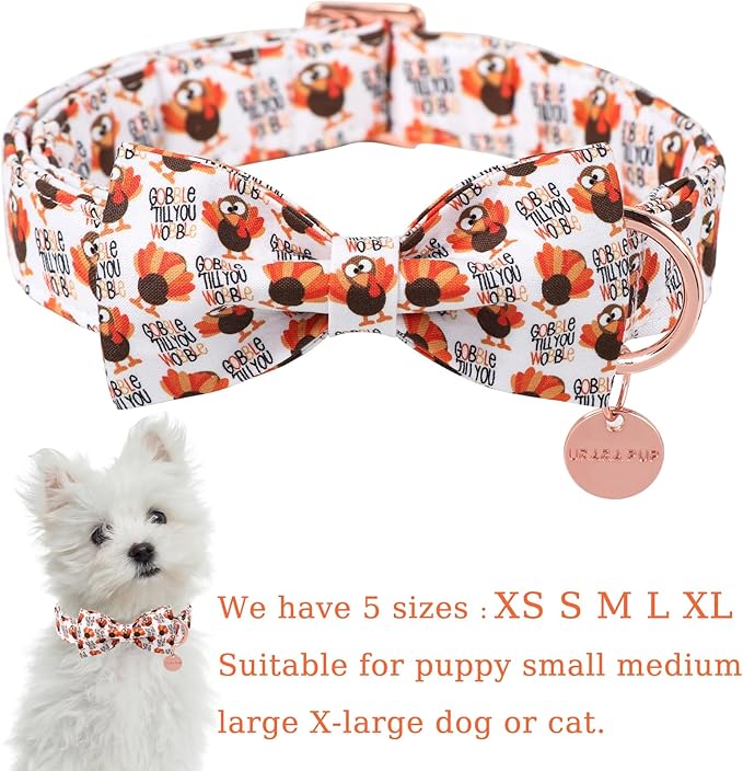 Thanksgiving Dog Collar with Bow Tie, Turkey Cotton Bowtie Collar for Puppy Girl Dog or Cat, Autumn Bow Tie Collar with Durable Metal Buckle, Turkeys Pet Collar, S, Neck 10-16in