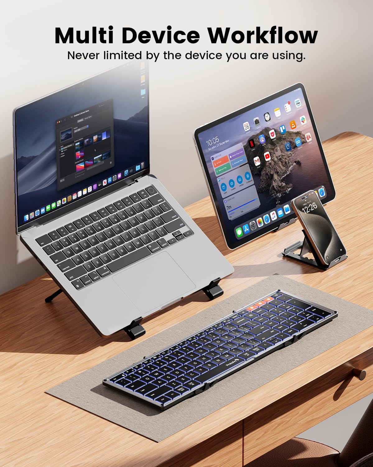 ProtoArc XK01 Plus Backlit Foldable Keyboard, 105-Key Full-Size, Gray