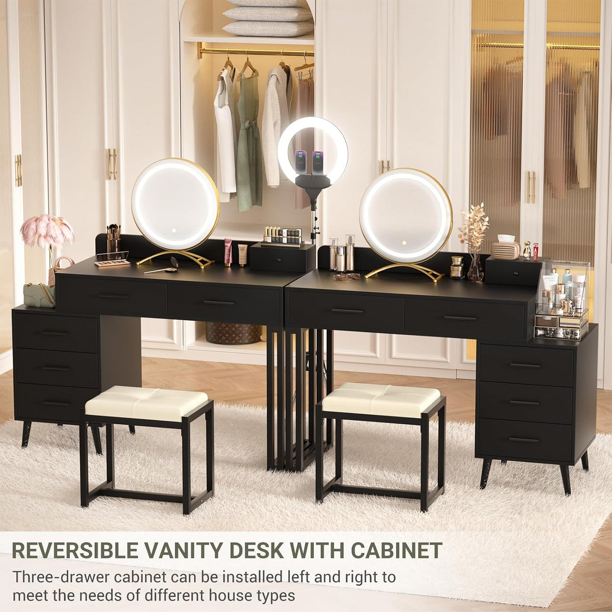 Armocity Black Vanity Desk with Mirror and Lights, Modern Makeup Vanity Table Set with 6 Storage Drawers and Cushioned Stool for Bedroom, Dressing Table with Divided Organizers for Women Girls, Black