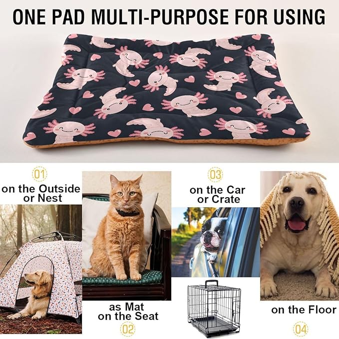 Emelivor Cute Axolotl Heart Black Dog Cat Bed Washable Crate Pet Bed Anti-Slip Comfortable Puppy Kennel Bed for Medium Large Small Dogs Cats, 24x18in