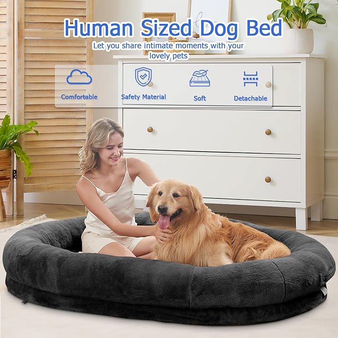 Human Dog Bed - 72"x48"x10" Large Gaint Shared Bed for Adult - Flufelbed Standard Cloud Bed for Humans and Dogs - Nap Bed Bean Bag Bed Faux Fur Fluffy Orthopedic Pet Bed Large Black