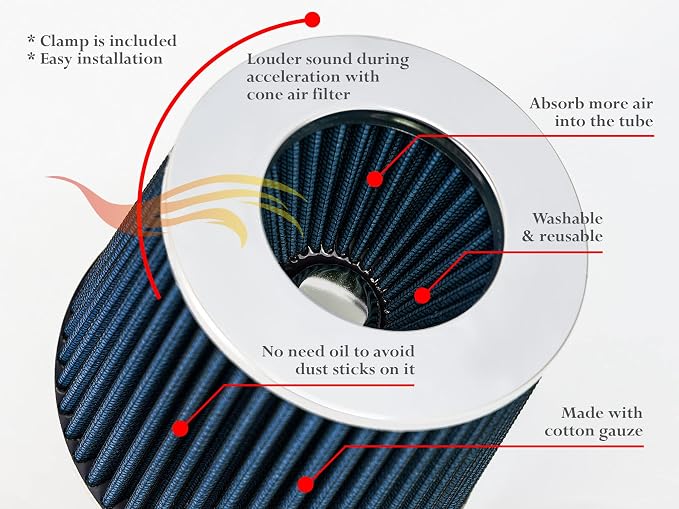 Rtunes Racing Universal Clamp-On Air Filter, Standard Cone, Dry Washable Design