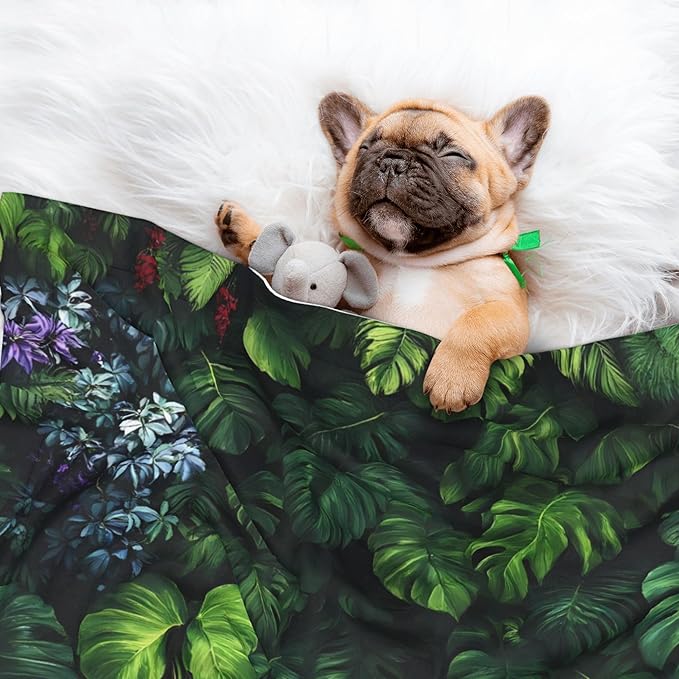 Waterproof Dog Blanket Soft Pet Blanket for Puppy Cat, Fleece Cat Throw Blankets for Furniture Bed Couch Sofa Reversible - Lush Foliage Green Plant