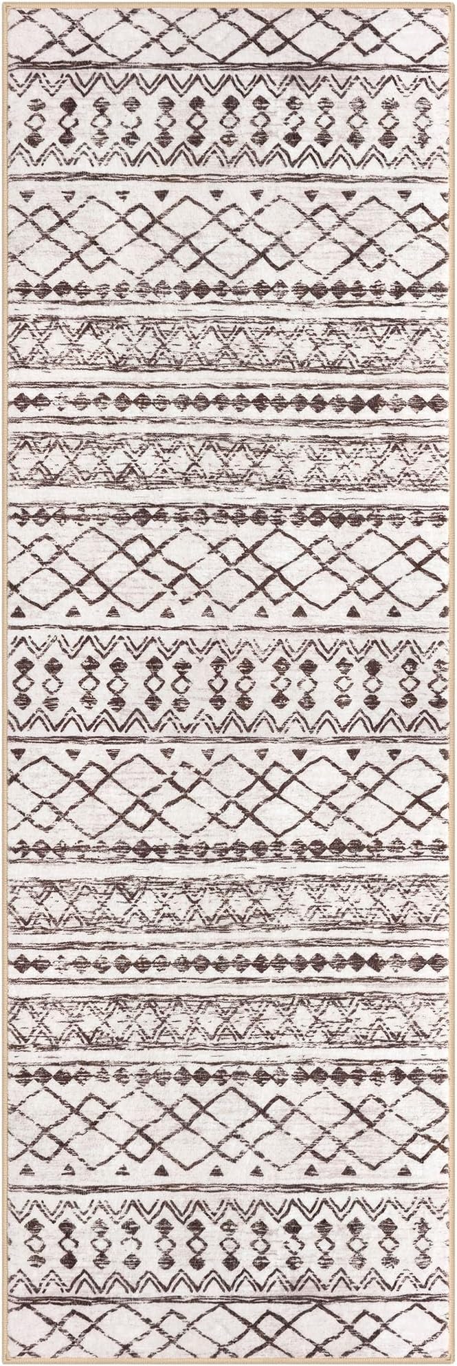 KUTA Moroccan Washable Hallway Runner Rug 2x6 Non-Slip Vintage Brown Cream Boho