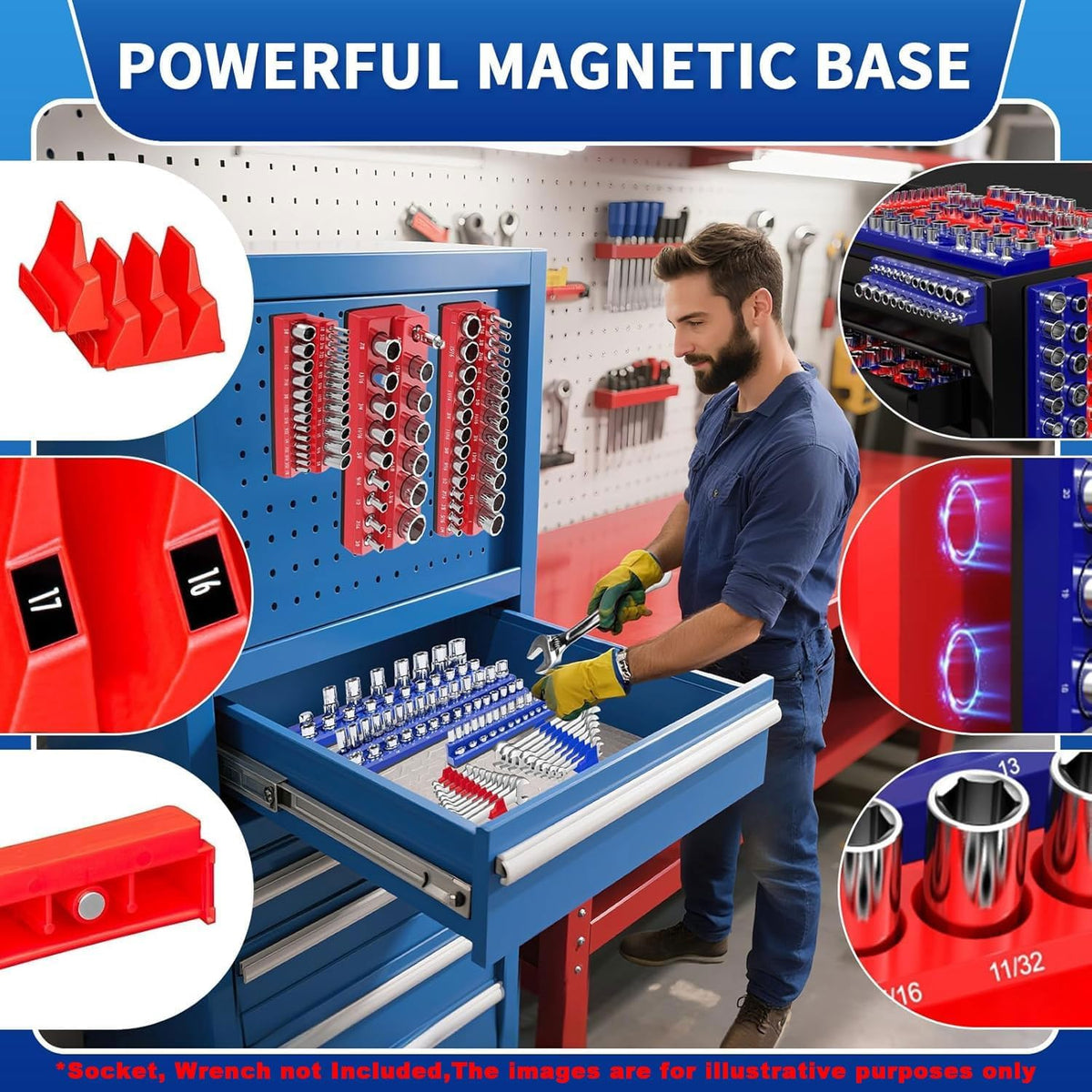 8-Piece Magnetic Socket and Wrench Organizer Set for Tool Box