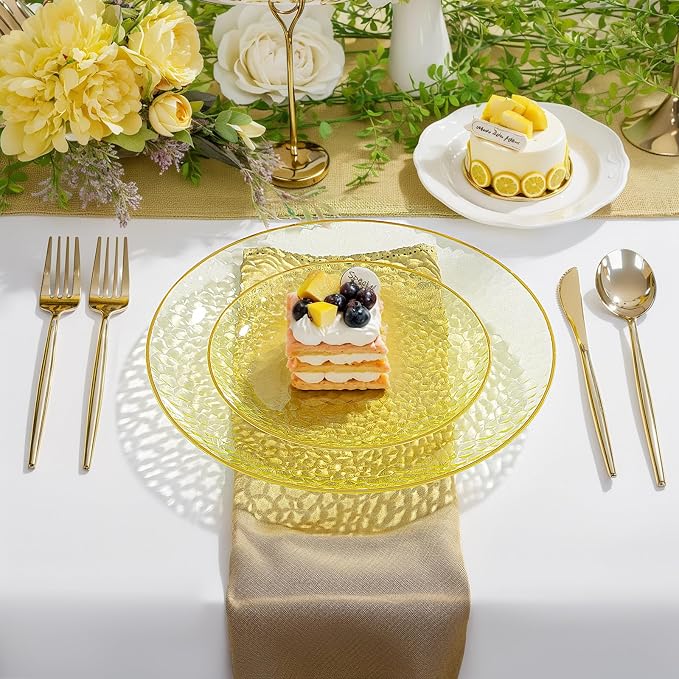 Rubtlamp 60Pcs Yellow Gold Plastic Plates, Hammered Plastic Plates Include 30