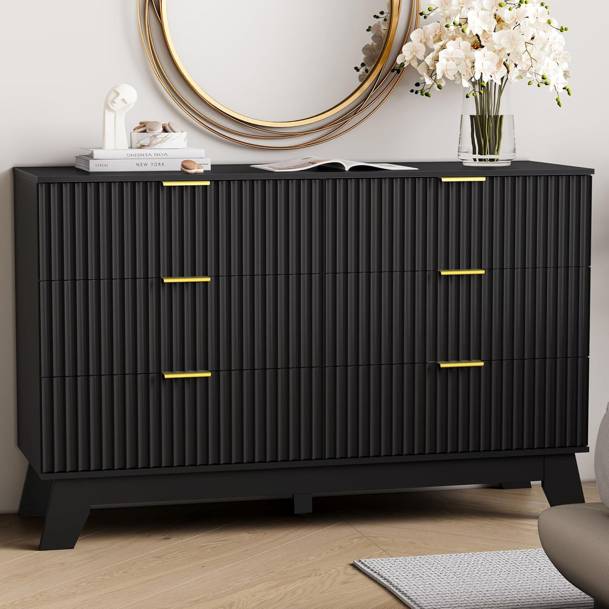 6 Drawer Dresser for Bedroom, Fluted Dressers Chest of Drawers, Black