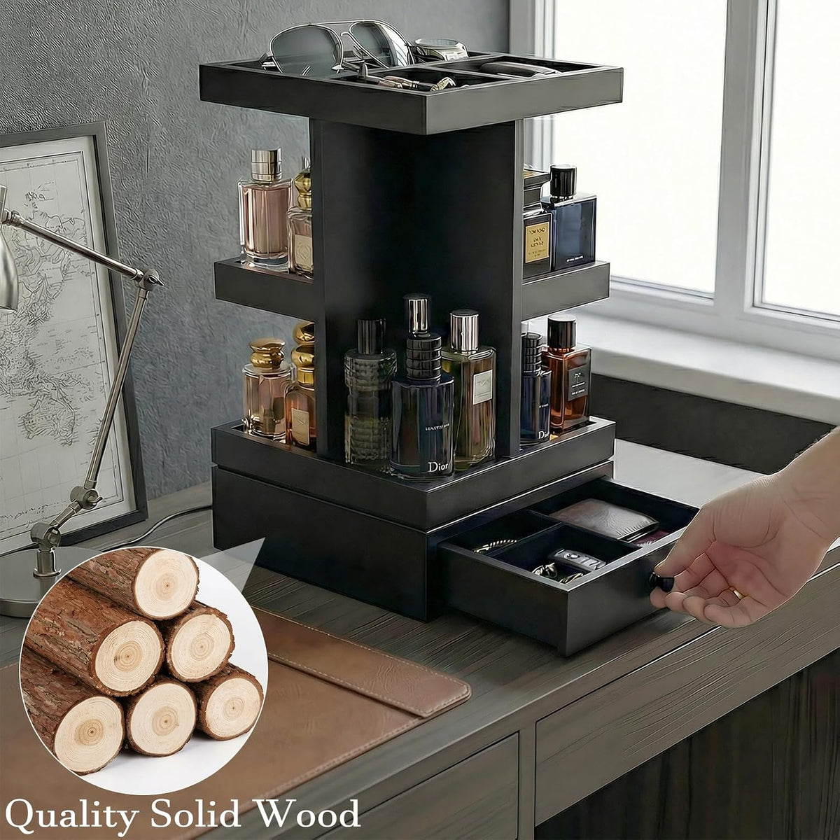 4-Tier Rotating Cologne Organizer for Men, Modern Black