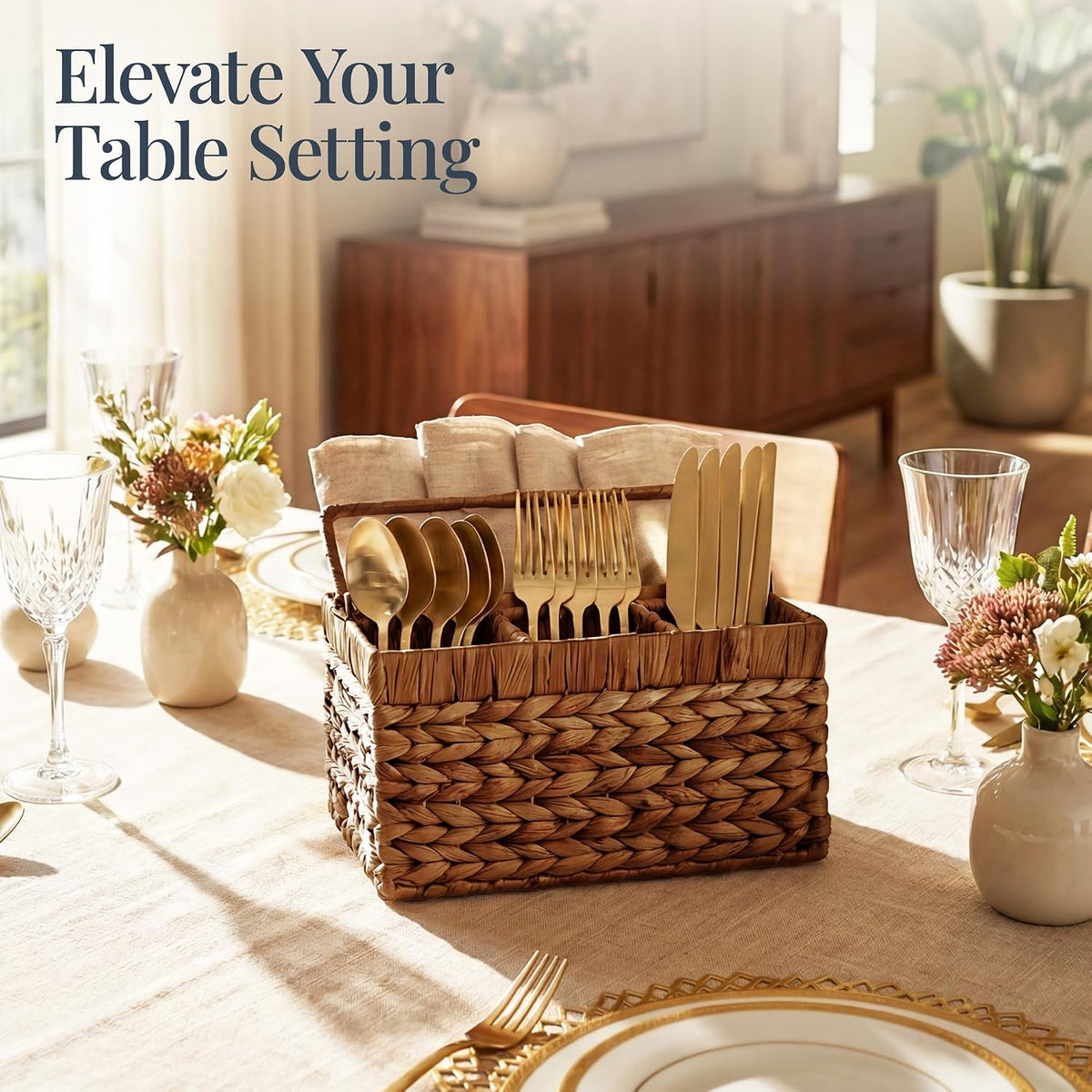 Best Choice Products Handwoven Silverware Organizer w/Handle, 4 Compartment Flatware Organizer, Shelf Storage Basket, Wicker Utensil Caddy, Cutlery Basket Holder for Party, Picnic, BBQ - Chestnut