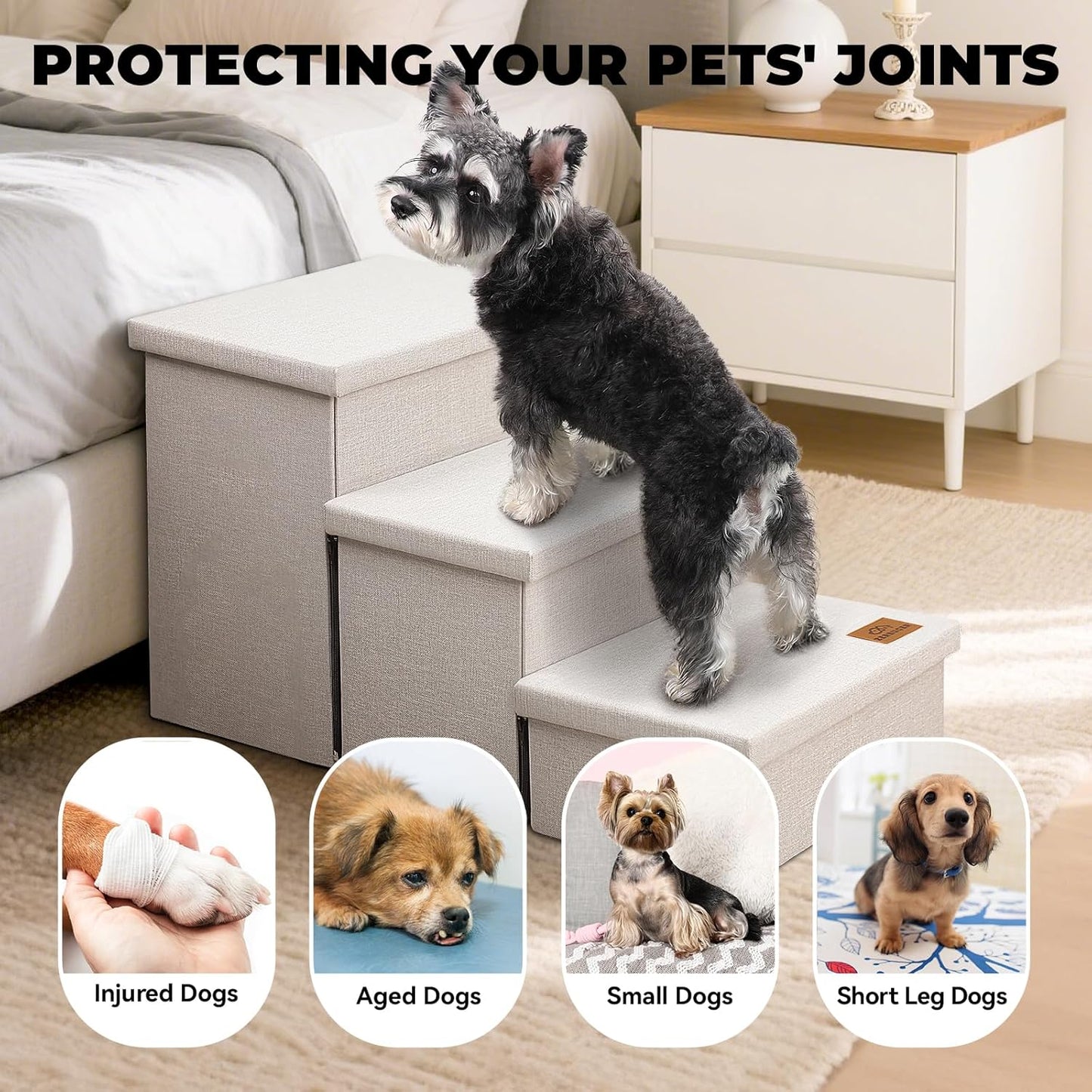 Dog Stairs with Storage 18" H, 3-Step Wider Dog Steps for Small/Medium/Large Old Dogs Cats, Folding Sturdy Pet Stairs Climbing Bed or Couch, Ramp for Car Up to 200 lbs (Beige, No Condo)