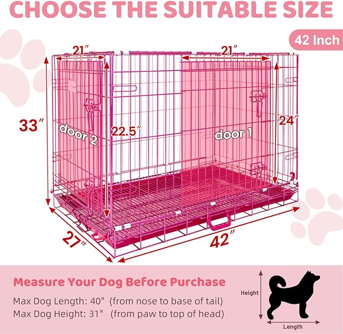 HOMEY PET Pink Dog Cage Large Dogs, Cute 42 Inch Dog Crate Big Collapsible XL Dog Kennel, Nano-Coated Metal Wire Dog Crate with Removable Floor Grid Tray, Double Doors Dual Locks, Portable Handle