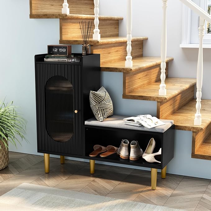 HLR Storage Bench with Glass Door&Shelf, Modern Entryway Shoe Cabinet Bench