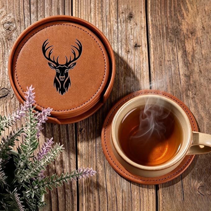 6 Packs Stag Pattern Leather Coaster