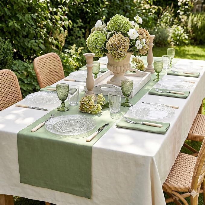 Solino Home 100% Pure Linen Table Runner Oil Green Woven, Fete 14 x 72 in |