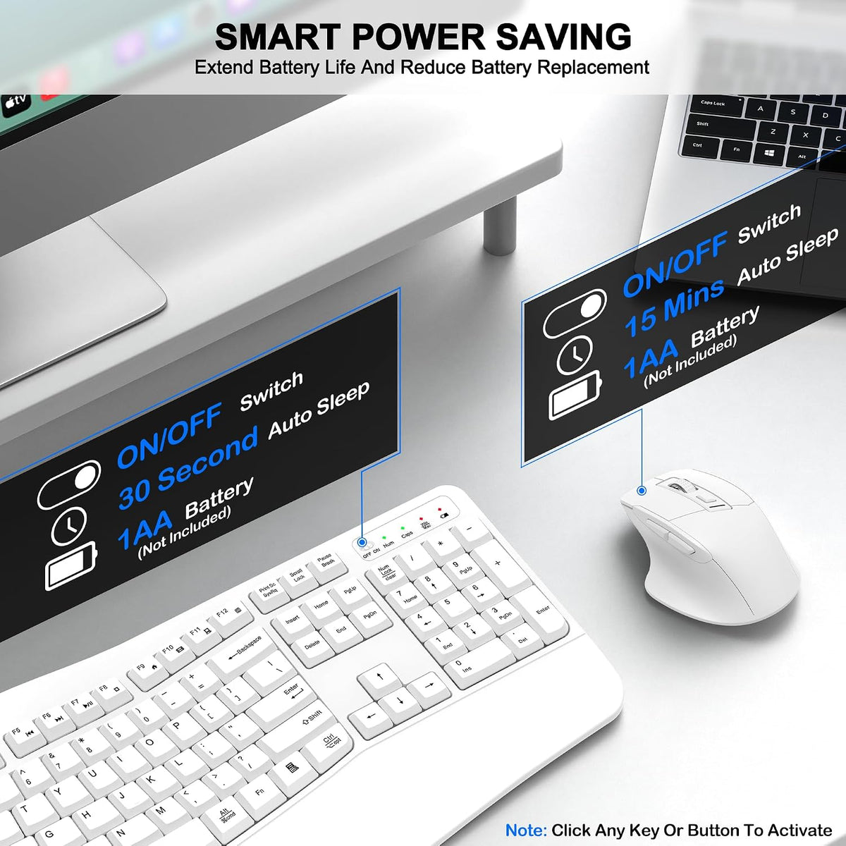 Wireless Keyboard and Mouse Combo, 2.4G Ergonomic Wave Keys(White)