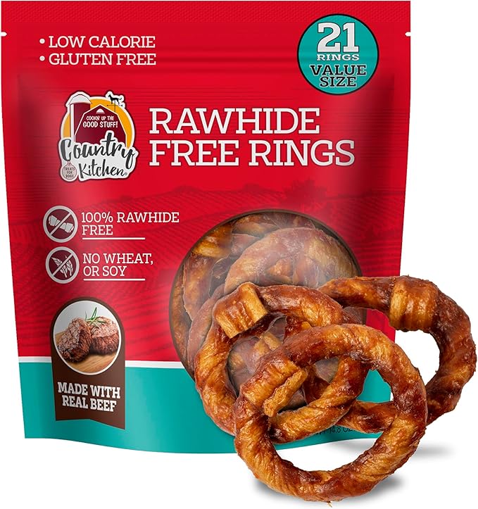 Country Kitchen Rawhide Free Beef Rings Dog Chews, Made with Real Beef, Highly Digestible, Gluten Free, 21 Count