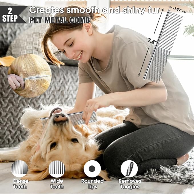Dog Slicker Brush for Dogs Grooming Kit 4PCS | Large Dog Brush for Goldendoodles Poodles Doodles | Long Pin Haired Brush | Poodle Brushes and Comb (Black)