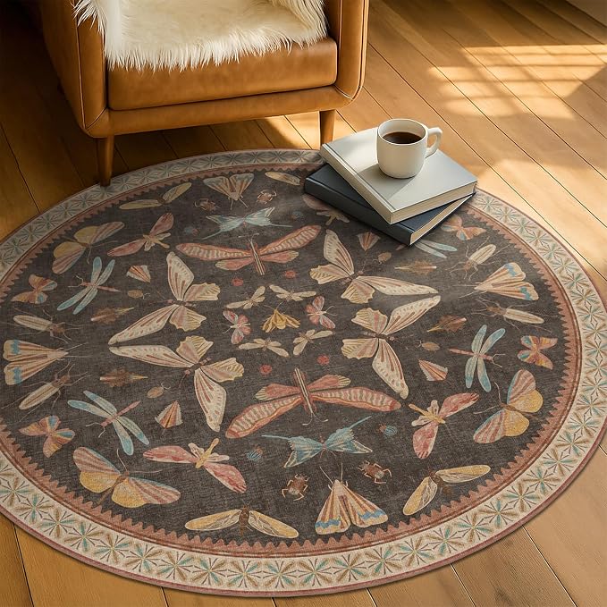 Boho Brown Round Rug 5ft, Soft Washable Throw Carpet