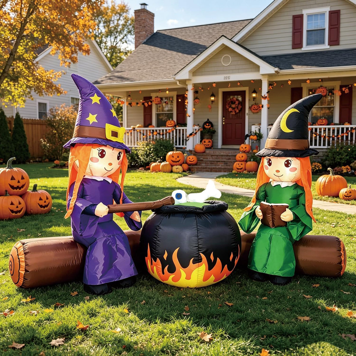 DomKom 6FT Halloween Inflatable Blow Up Decorations, Cute Witches with Cauldron Over Campfire, Built-in LEDs for Holiday Party, Garden, Lawn, Yard, Patio Décor