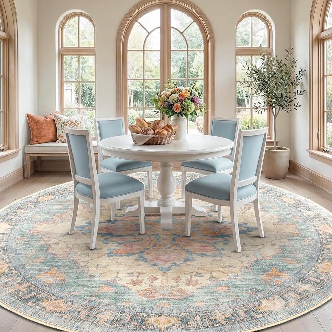 RELEANY Area Rugs Round 8ft Washable Non-Slip, Floral Vintage Distress
