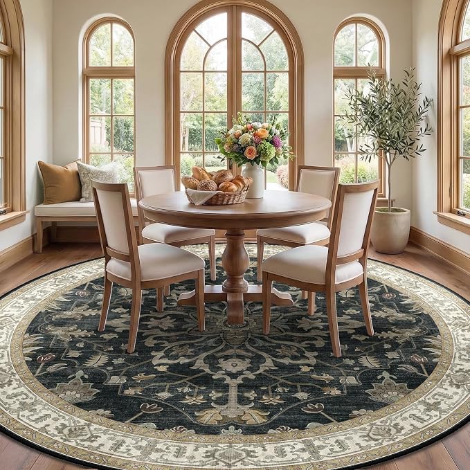 RELEANY Area Rugs Round 8ft Washable Non-Slip, Floral Vintage Distress