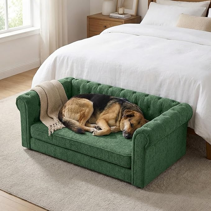 Elevated XL Large Dog Sofa with Backrest and Armrests, 55" Button Tufted Dog Couch Bed with Soft Cushion for Large Dogs, Stylish Lounging Bed Pet Couch Chair, 120Lbs Weight Capacity, Olive Green