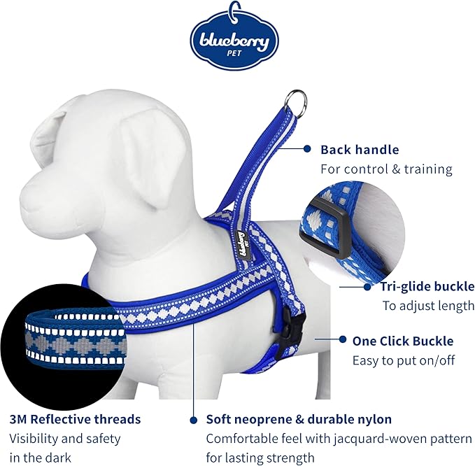 Blueberry Pet 4 Colors Soft & Comfy 3M Reflective Jacquard Padded Dog Harness, Chest Girth 25.5" - 31.5", Palace Blue, M/L, Adjustable Harnesses for Dogs
