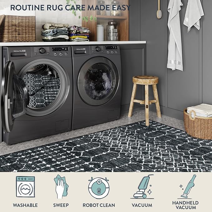 Lahome Moroccan Black 9x12 Rug for Living Room, Washable Non-Slip Ultra-Thin