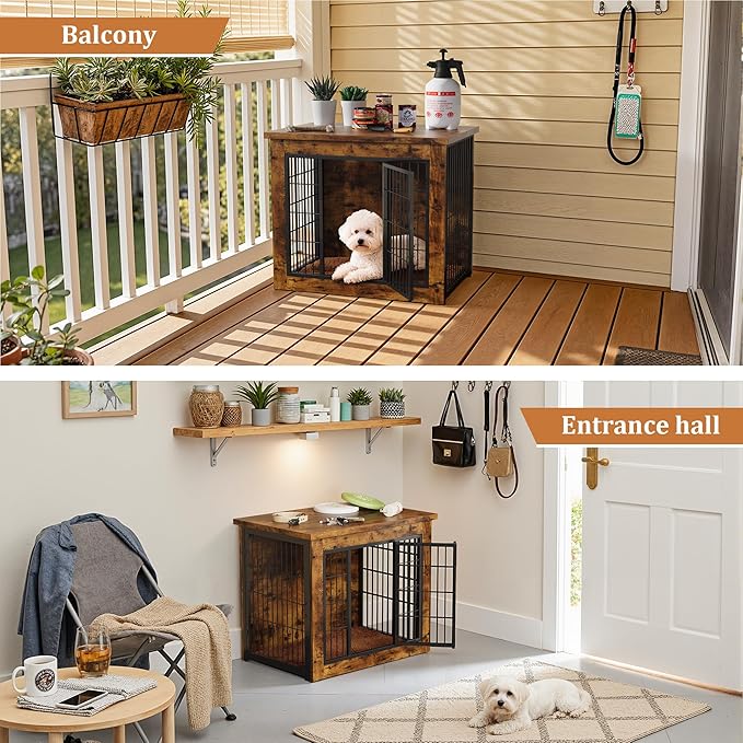 Greesum Modern Dog Crate Furniture That Doubles as a Side Table - Sturdy Wooden Kennel with Double Door Design, Equipped with Soft Cushion & Chew-Resistant Resign, Suitable for Dogs