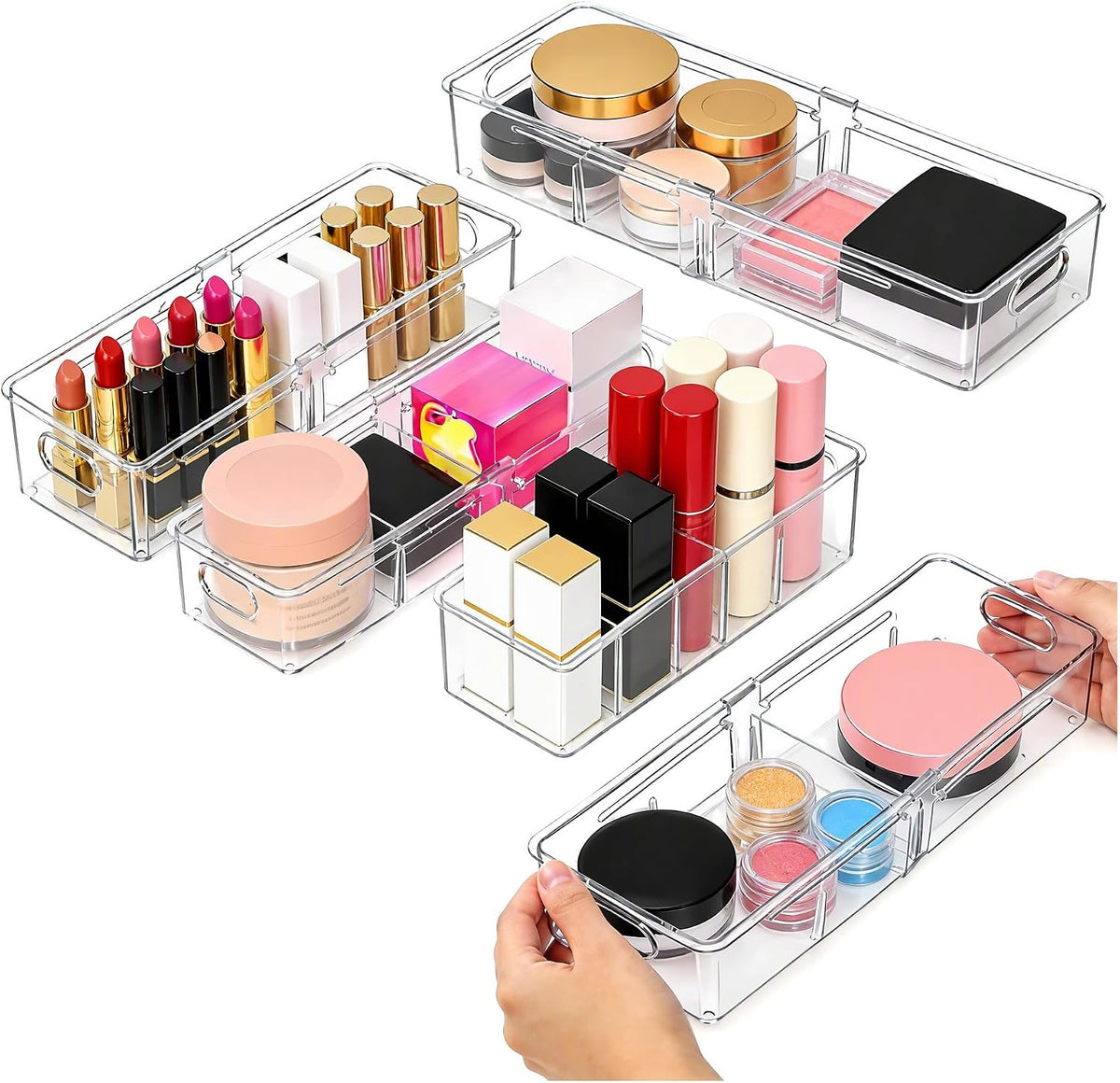 BLULEE 4-in-1 Expandable Drawer Organizer Set, Adjustable Clear Bins (8 Pack)