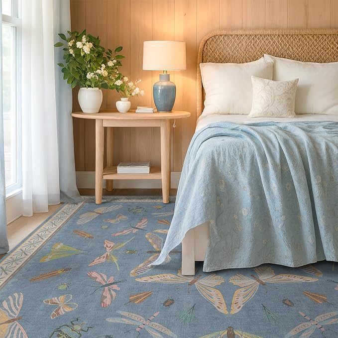 Washable Living Room Rug 8x10, Dusty Blue Area Rugs