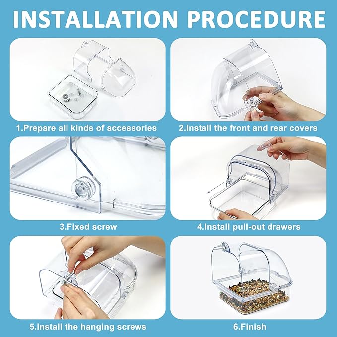 Bird Bath for Cage, Clear Birds Bathtub with Hanging Hooks, Upgraded Bird Bath Box for Cage Accessory Small Birds Parrots Cockatiel Budgies Shower Food Feeder Holder (Large)