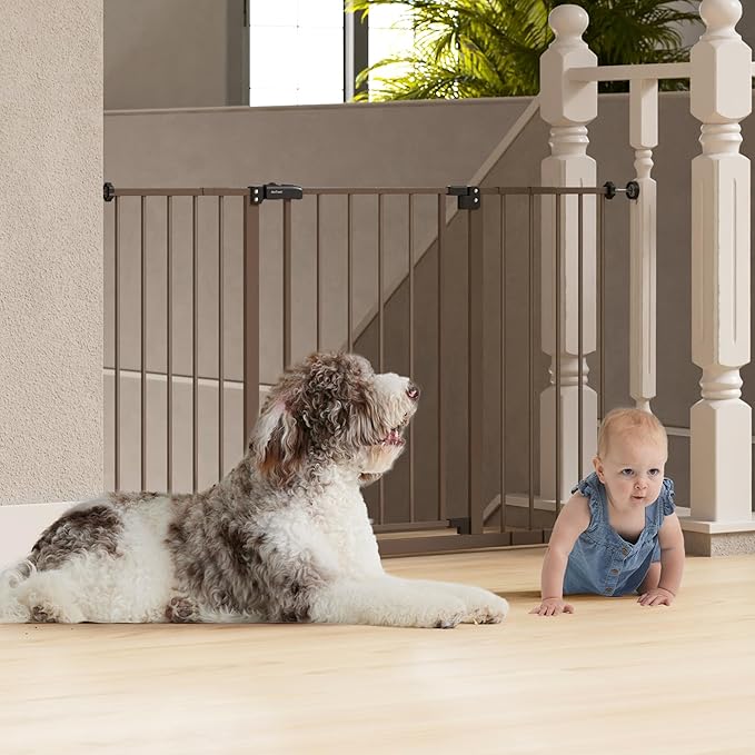 InnoTruth 28.9-49" Baby Gate for Doorways, 30" Tall Extra Wide Doggy Gates for Stairs One-Hand Opening, Easy Walk Thru Dual Lock Dog Gates for The House, Kitchen, Balcony, Easy Install Kid Gate,Brown