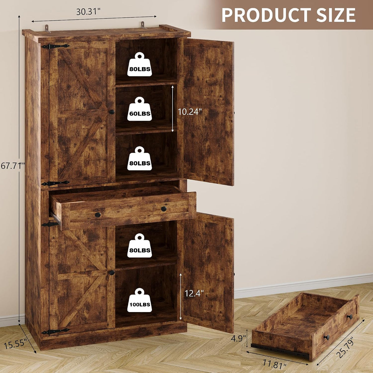 BORNOON Pantry Organizers and Storage Cabinet, 67.71” Barn Door Kitchen Cabinet with Drawers and Adjustable Shelf, Tall Pantry for Kitchen, Dining Room, Living Room